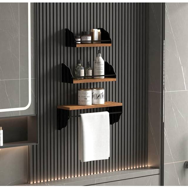 Set of 3 Wave Black Wall - Mounted Floating Shelves with Fence and Bar Brackets - 15.7&#39;&#39; for Home Rooms (6.81cm H X 15.8cm W X 4.5cm D)