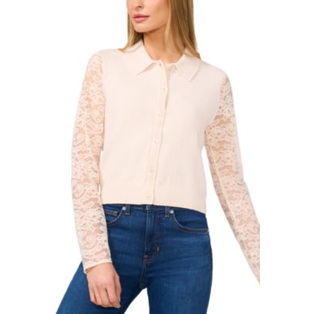 Cece Lace-Sleeve Cardigan