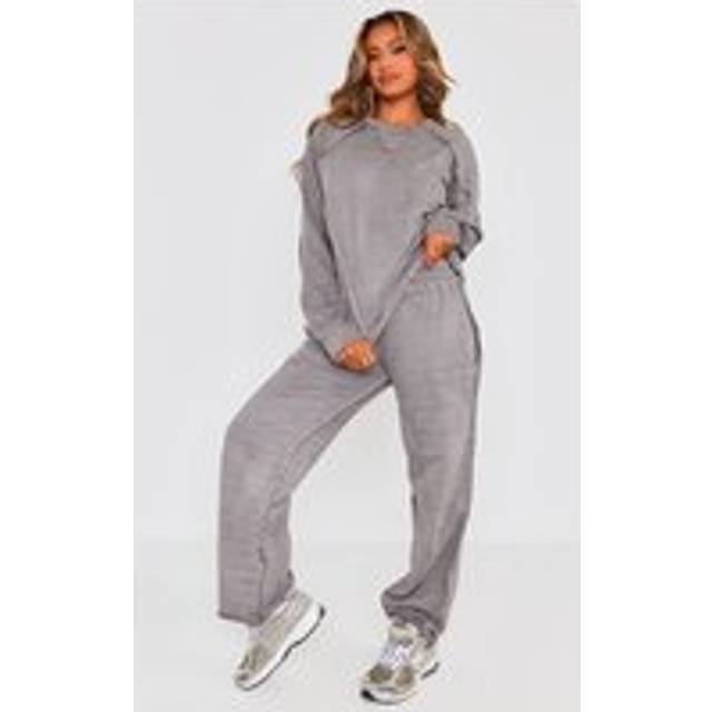 Grey Washed Oversized Raw Edge Seam Detail Wide Leg Joggers, Grey - XS