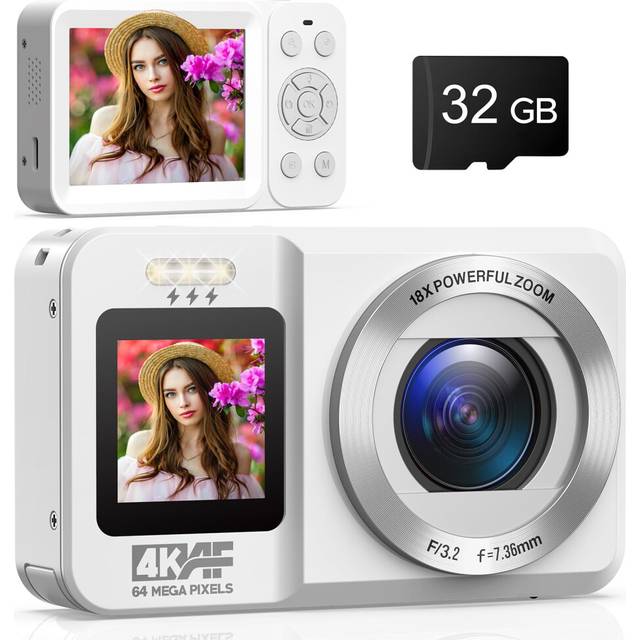 Digital Camera 4K Dual Screens Autofocus 64MP Compact Digital Cameras for Photography with 32GB Card 18X Digital Zoom Selfie Vlogging Camera for Kids
