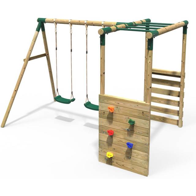 Rebo - Wooden Children's Garden Swing Set with Monkey Bars - Double Swing - Venus Green