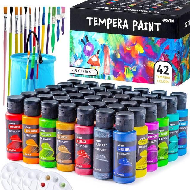 JOYIN Washable Paint for Kids 42PCS - Non-Toxic- Tempera Paint Set (2 oz Each)  Liquid Paint with 15 Brushes and 4 Palettes - Paint for Arts and Craft