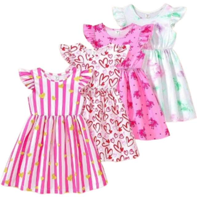 SHEIN Young Girl Casual Cute Digital Printed Cap Sleeve Cinched Waist Dress, 4pcs/Set For Summer