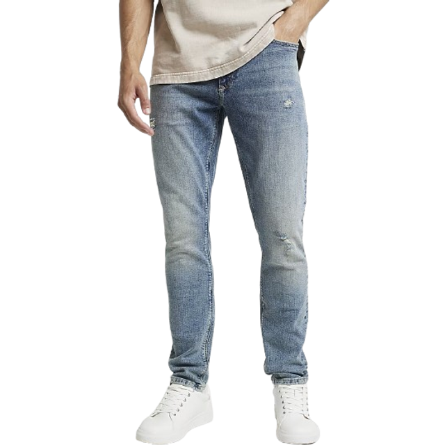Mens River Island Blue Skinny Fit Ripped Jeans - 34L
