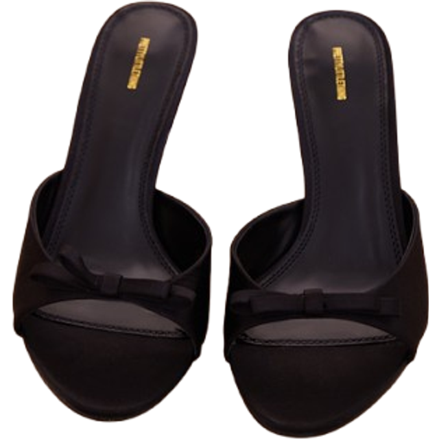 Black Satin Round Toe Bow Strap Low Heel Open Toe Mules, Black - 3