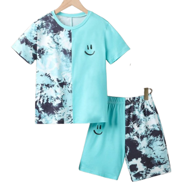 SHEIN Tween Boy Expression Print Tie Dye Tee & Shorts