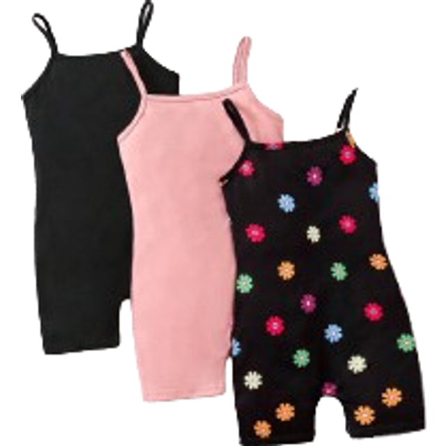 SHEIN Young Girl Knitted Solid Color Cami Romper With Colorful Flower Pattern Knitted, 3pcs/Set