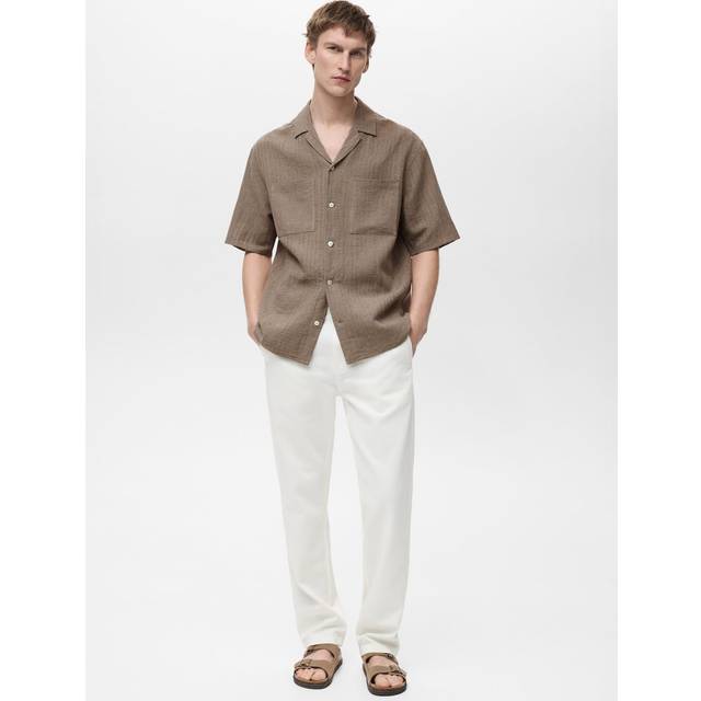 Linen-blend textured striped shirt khaki - Man - M - MANGO MAN - Khaki