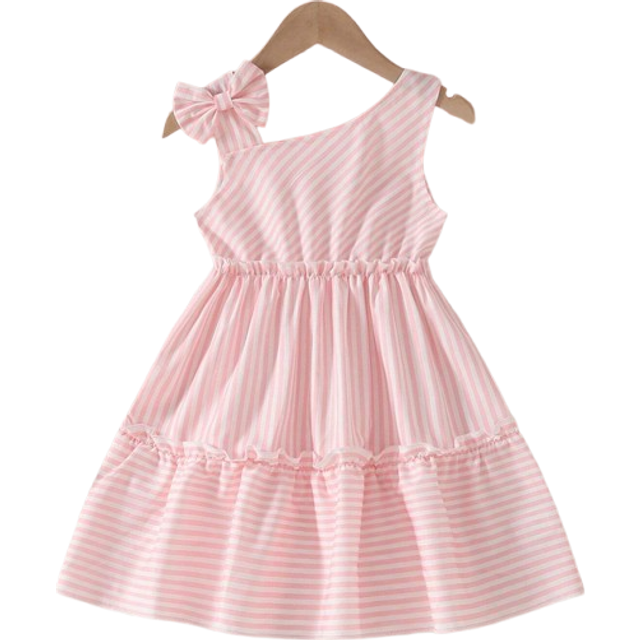 SHEIN Young Girl Fashionable Striped Dress With Asymmetrical Collar & Bow Decoration, Sleeveless, Summer