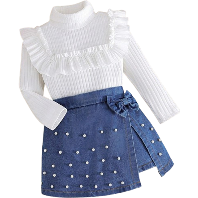 SHEIN 2pcs Young Girl Casual Long Sleeve Top & Denim Skort Set