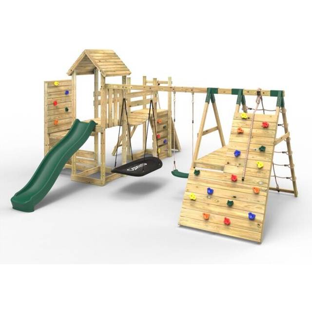 (Montana) Rebo Double Tower Climbing Frame with Flexible Bridge, Swing & Slide