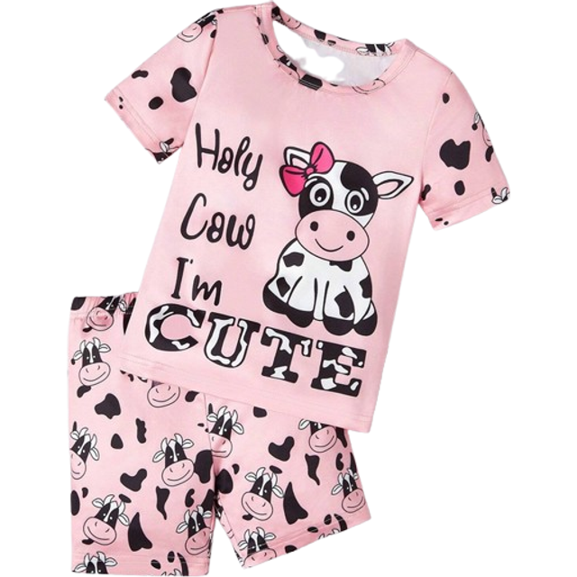 SHEIN Young Girls&#39; Cow Print Short Sleeve Shorts Pajama Set, Snug Fit