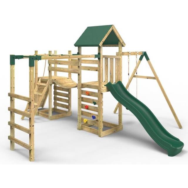 Double Tower Climbing Frame with Flexible Bridge, Swing & Slide - Arvon - Rebo