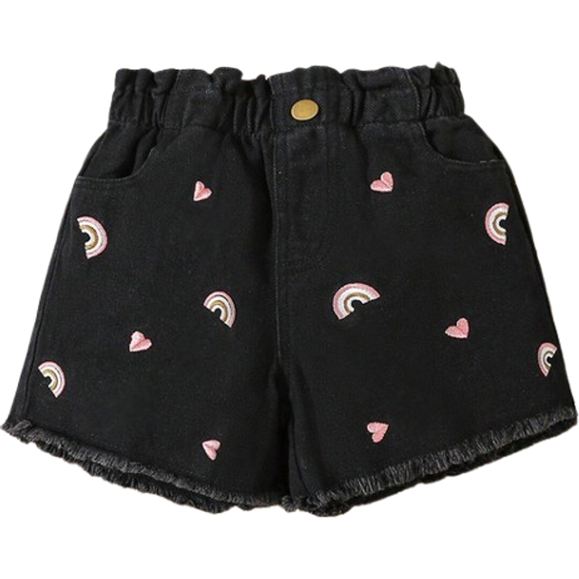 SHEIN Young Girls Heart & Rainbow Embroidered Denim Shorts For Summer,Holiday,Summer,Travel