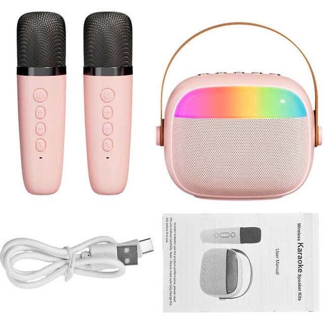 Karaoke Machine Mini Wireless Microphone and Speaker Set with 2 Microphone Gifts for Birthday Party rosa