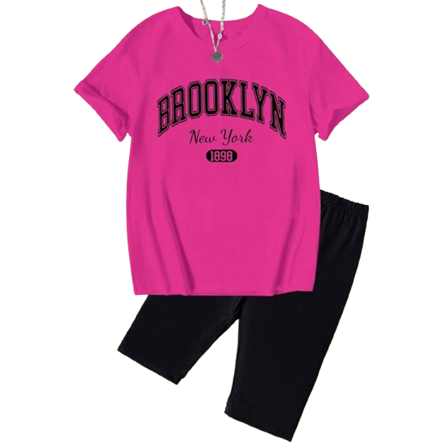 SHEIN Teen Girls Letter Graphic Tee & Biker Shorts For Summer