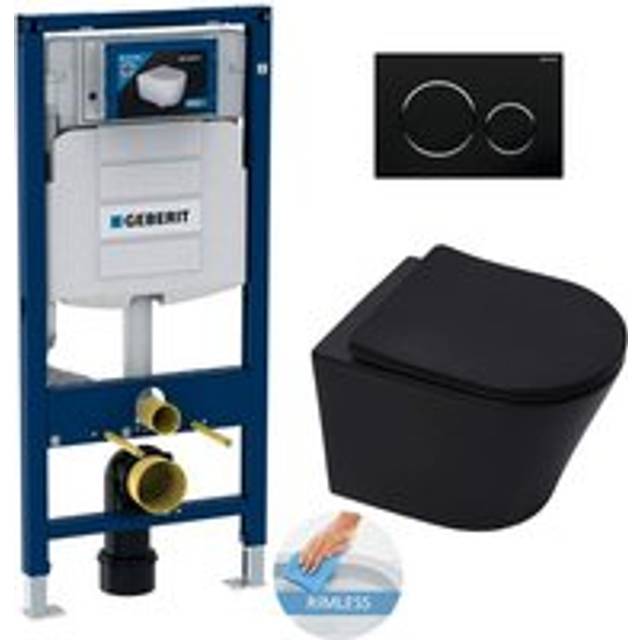 Toilet Pack Duofix UP320 Frame + sat Infinitio Matt Black Rimless Toilet + Black/Chrome Flush Plate (GebBlackInfinitio-D) - Geberit