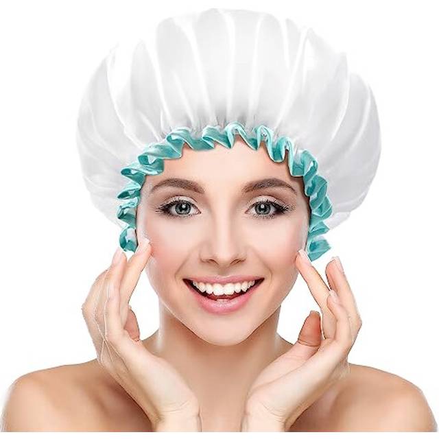 mikimini White Shower Cap for Women, Waterproof Reusable Hair Caps for Ladies and Girls, Medium Double-layered Washable Bath Caps for Thick Hair 2