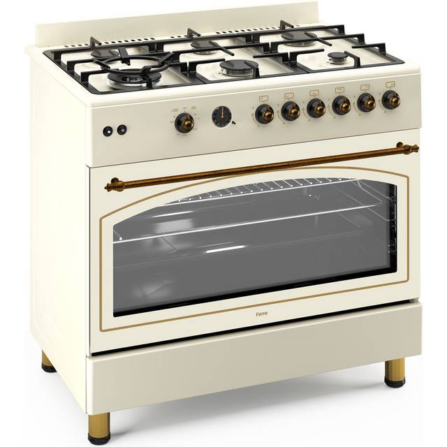 90cm Gas Range Cooker With Double Turbo Fan & 6 Burner(1 Wok) Gas Hob - Cream (90cm H X 90cm W X 65cm D)