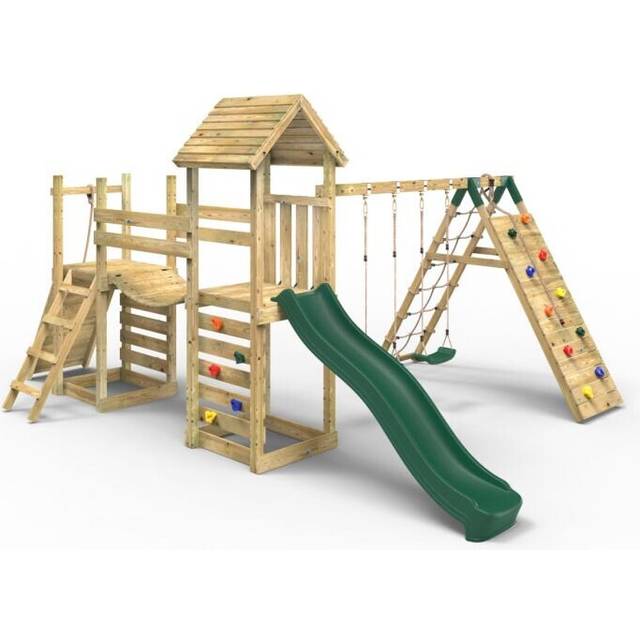 (Greenhorn) Rebo Double Tower Climbing Frame with Flexible Bridge, Swing & Slide