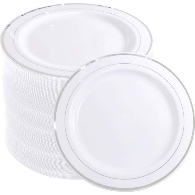 WELLIFE 144 Pieces Silver Plastic Dessert Plates, 7.5 inch Disposable Salad Plates, Premium White Appetizer Plates with Silver Rim, Ideal for Party, W