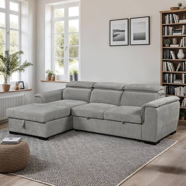 (Grey) TIVOLI FABRIC PULL OUT 3 SEATER CORNER SOFA BED