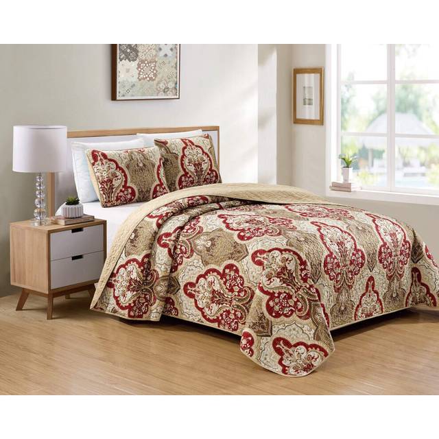 Luxury Home Collection 2 Piece Twin/Twin XL Quilted Reversible Coverlet Bedspread Set Floral Printed Taupe Red