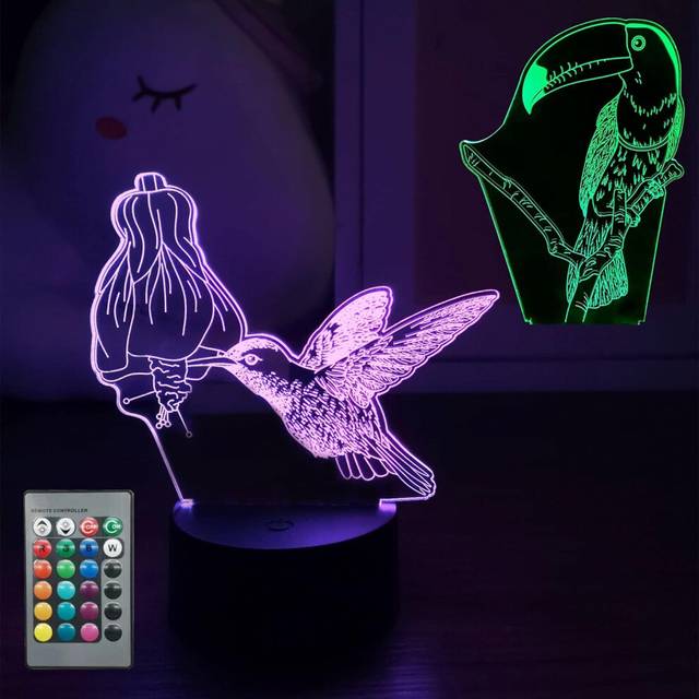 Hummingbird Toucan 3D Illusion Lamp, Birds Night Light for Boy Girls' Bedroom Decor, 2 Patterns 16 Colors Changing Dimmable, Smart Touch & Remot