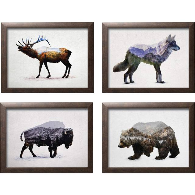 Rustic Double Exposure Elk  Bison  Wolf and Bear Landscape Set; Cabin Lodge Decor; Four 10x8in Brown Framed Prints; Ready to hang!