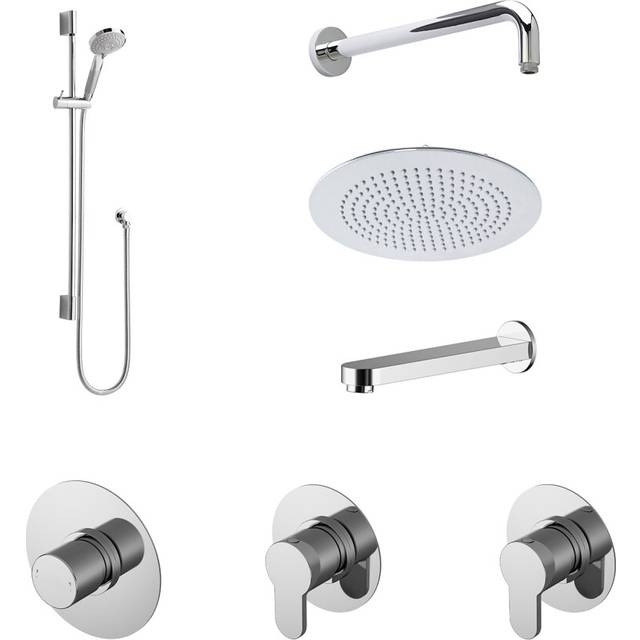 3 Outlet Concealed Valves Shower Bundle with Slide Rail Kit, Wall Mount Arm, Head & Bath Spout- Chrome