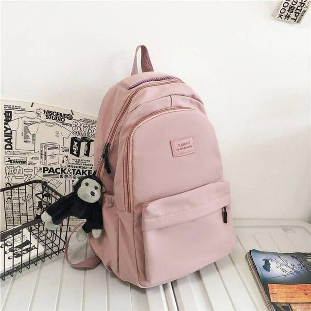 (pink, 32x13x45cm) Women&apos;s Backpack Solid Color Female Multi-pocket Travel Bag Schoolbag For Teenage Girl Book Knapsack