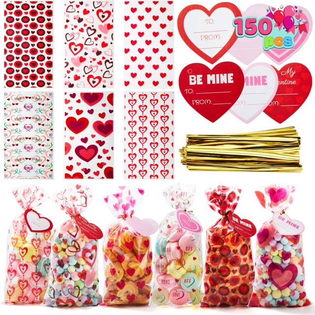 JOYIN 150 Pcs Valentine Cellophane Gift Bags  6 Designs Valentine Treat Bags with Gift Tags and Twist Ties for Party Favors Supplies  Kids Classroom E