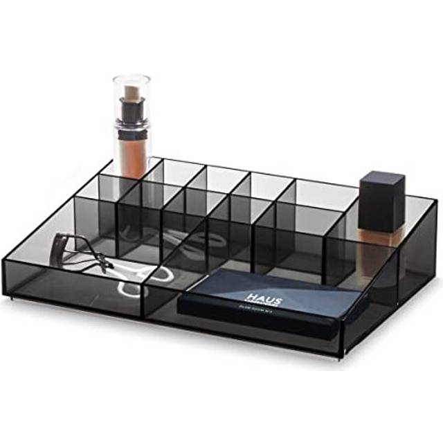 iDesign 13-Compartment Makeup Organiser from the Signature Series by Sarah Tanno, RPET Cosmetics Storage Unit, Makeup Brush Holder, Smoke/Matte Black,