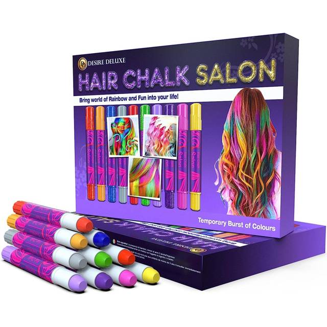 Desire Deluxe Hair Chalk Gift for Girls 10 Temporary Non Toxic Easy Washable Hair Dye Colourful Metallic Glitter Pens Great Games Birthday Girls