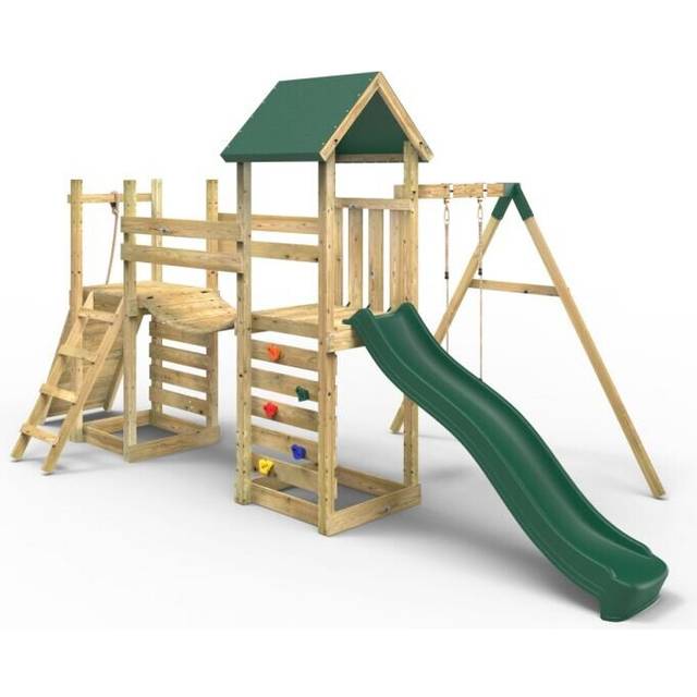 (Rushmore) Rebo Double Tower Climbing Frame with Flexible Bridge, Swing & Slide