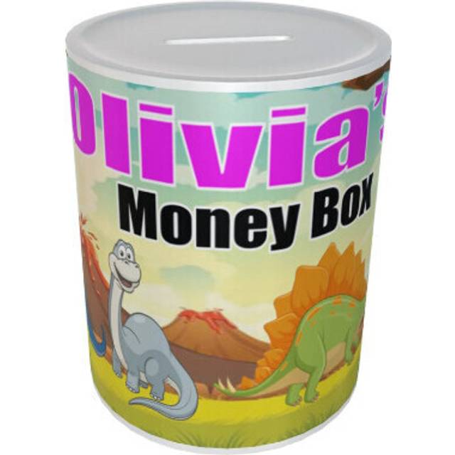 Personalised Children's Dinosaur Ceramic Money Box Gift Available in Pink And Red