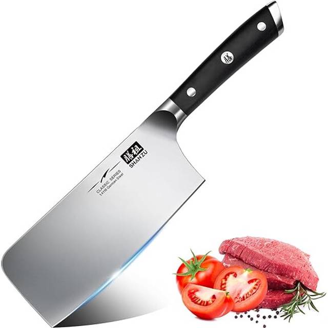 SHAN ZU Cleaver Knife, Japanese Kitchen Knives 7 Inch High-Carbon German Butcher Chef Knife Stainless Steel Sharp