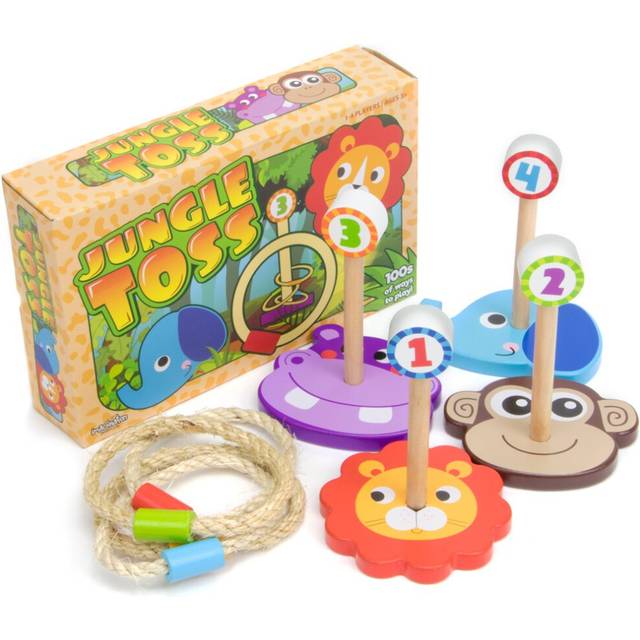 Jungle Ring Toss Game  Indoor/Outdoor Family Fun with 4 Wooden Zoo Ani