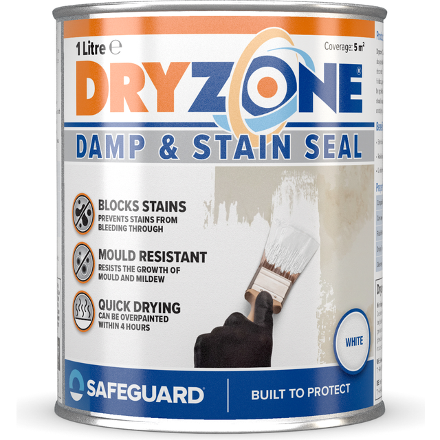 Dryzone White Stain Seal & Damp Proof Paint (1L, White) - Block Damp, Mould & Stains in One Coat on Plaster, Brick, Cement, Stone Interior Surfaces