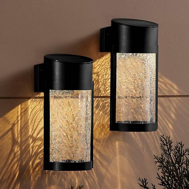 2 Pack Crackled Glass Solar Wall Lights Fence Light Outdoor Garden Waterproof SMD LED for Patio Decking Gate Yard Decoration Warm White