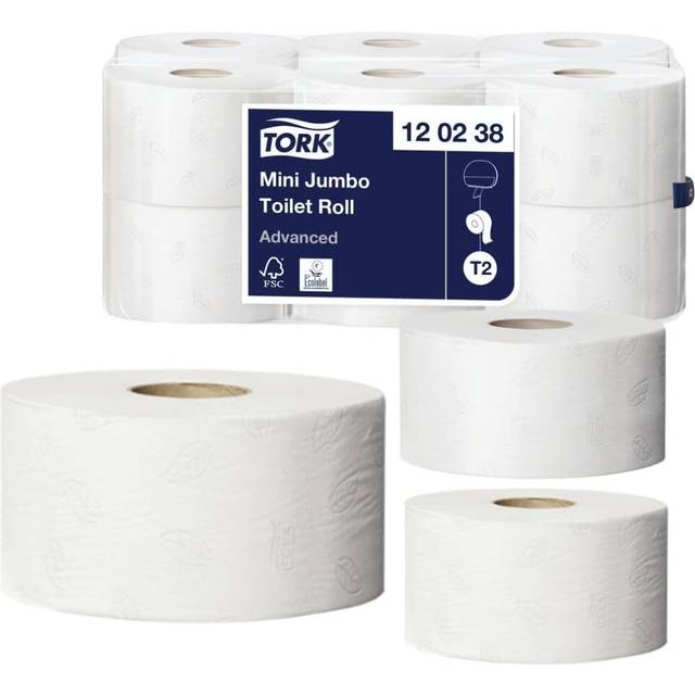 12 x Mini Jumbo Toilet Tissue Rolls T2 Advanced 2-Ply Soft White 170m
