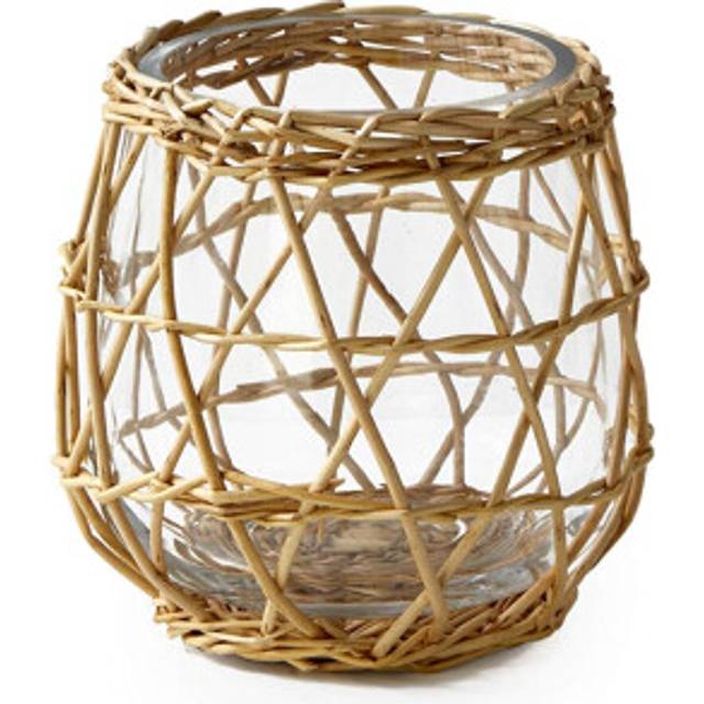 Serene Spaces Living Small Handwoven Natural Wicker & Glass Candleholder  Use as Candleholder or for Floral Arrangements for Weddings  Parties  Home