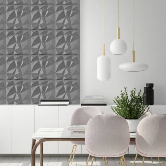 (Matte Grey Silver, Set of 14) 3D Wall Panels (50x50cm) Decorative Diamond Design