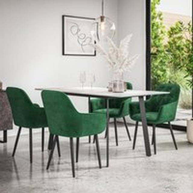 (Green) Haydon Extending Marble Effect Dining Table Set w 4-6 Anika Velvet Chairs