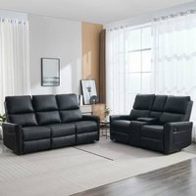 MADRID 2+3 SEATER w CONSOLE MANUAL RECLINER AIR LEATHER SOFA SET GREY