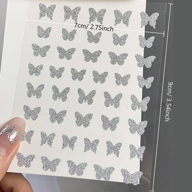3D Glitter Silver Butterfly Nail Sticker, Nail Art Decals DIY Nail Tips Decor
