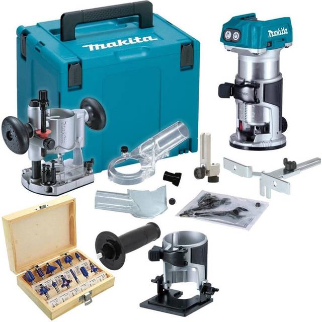 Makita DRT50ZJX2 18v Cordless Brushless Router Trimmer + Plunge Base + 12pc Set