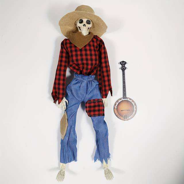 (Red Plaid Skull) 1pc Halloween Animated Skeleton, Halloween Skeleton Decoration Ornament