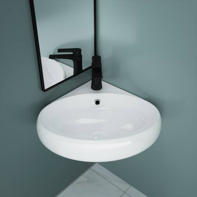 Durovin Bathrooms Ceramic Bathroom Basin - Corner Wall Hung Sink For Cloakroom Bathroom- Round Shape Washing Bowl (400 x 380 x 145mm)