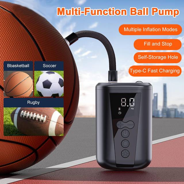 Electric Ball Pump Basketball Pump with LCD Display Air Pump Portable Ball Inflator with Ball black